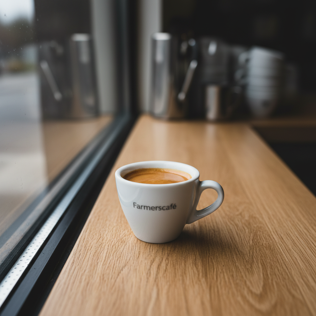 A close-up, photographic realism shot of a freshly pulled espresso in a small, thick-walled white porcelain demitasse branded subtly with “Farmerscafe” in understated grey lettering. The rich, dark espresso has a dense, caramel-colored crema that glistens in soft, diffused light. The cup sits on a smooth, light oak counter with visible grain, near the edge of a large, unseen window. Gentle overcast daylight washes across the scene, creating a clean, professional mood with soft shadows. In the blurred background, hints of polished stainless-steel espresso equipment and stacked ceramic cups suggest a meticulous coffee bar. Composed at eye-level with rule-of-thirds framing and shallow depth of field, emphasizing craftsmanship and quality.