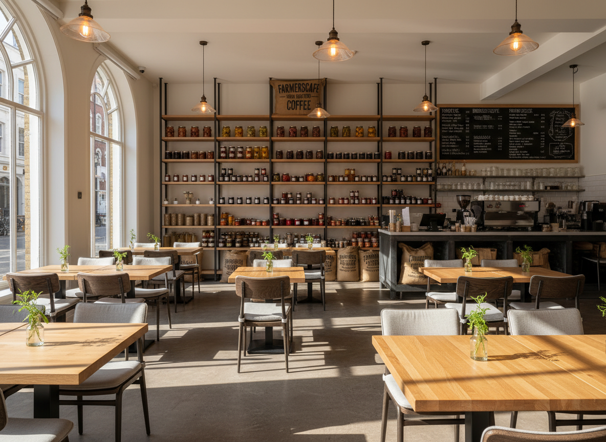 An interior wide-angle view of Farmerscafe’s seating area rendered in photographic realism. Sturdy oak tables with a natural matte finish line the space, each set with a single small glass bottle holding a fresh green sprig. Dark metal-framed chairs with soft, neutral cushions complement the warm wood. The back wall features open shelving displaying neatly arranged jars of homemade delicatessen items and bags of house-roasted coffee beans. Large street-facing windows let in soft, late-morning London light, illuminating the space and casting elongated, gentle shadows on the polished concrete floor. Warm pendant lights with filament bulbs add a cozy glow. The mood is professional yet welcoming, captured at eye level with sharp focus throughout, highlighting a clean, modern, Fitzrovia neighborhood cafe environment.